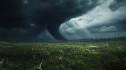 A tornado moving across a prairie with a distant forest barely visible through the storm clouds, the contrast between the dense trees and the open grassland rendered in photorealistic