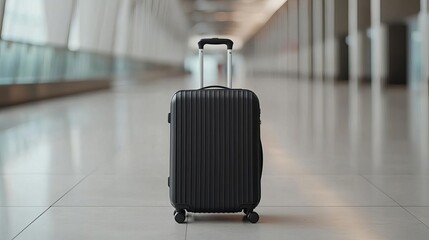 A sleek black suitcase awaiting adventure in an empty airport corridor, symbolizing the excitement of travel and exploration.