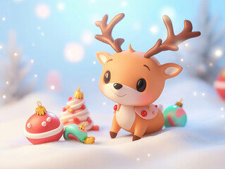 Fototapeta premium Adorable reindeer figurines whimsical snowy Christmas setting colorful holiday ornaments candies festive winter holiday atmosphere vibrant 3D rendering toy plush nursery room kids children wall art
