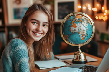 Naklejka premium Smiling Teenage Girl Studying Geography with a Globe and Laptop, Embracing Education and Travel Dreams