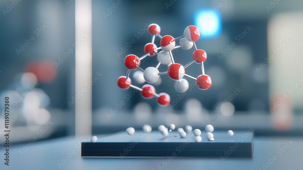 Poster 3d visualization of molecular structure with red and white atoms representing chemical bonds in a mo
