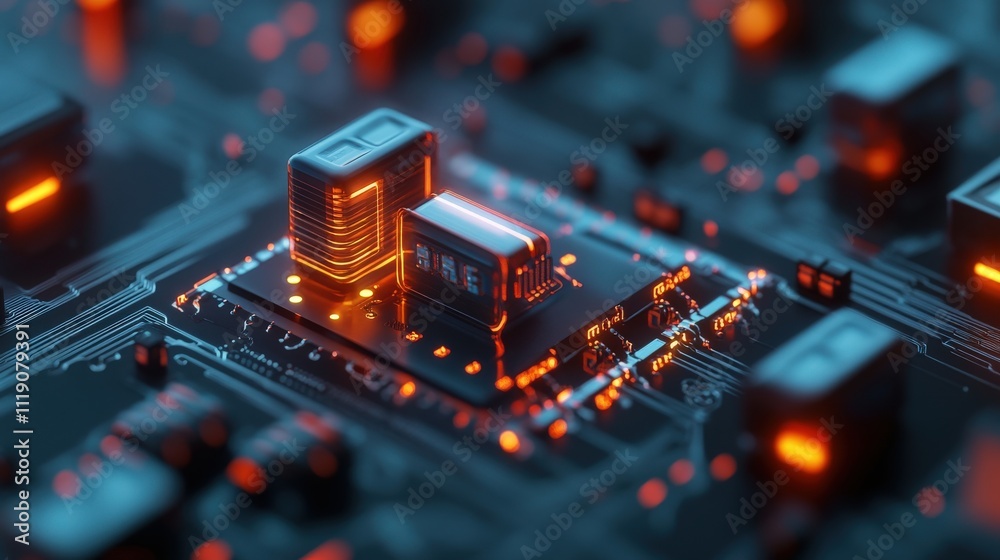 Leinwandbilder futuristic circuit board with glowing microchips and neon lights, representing advanced technology i