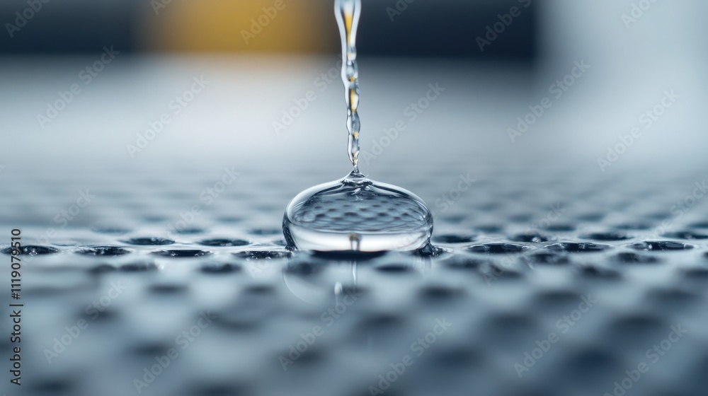 Poster close-up of water droplet falling on textured surface reflecting light in a soft, blurred background