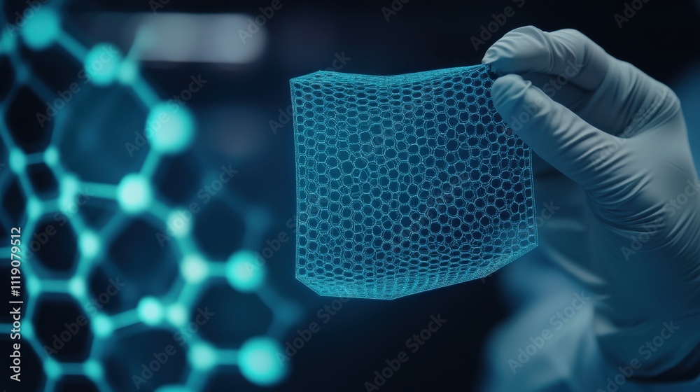 Poster Detailed Close-Up of a Scientist Holding a Transparent 3D-Printed Hexagonal Structure in a Futuristic Laboratory Environment with Molecular Graphics in the Background