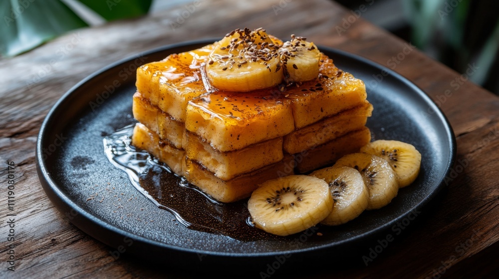Poster delicious honey glazed banana stack with toast and sliced fruit
