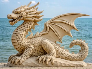 Fototapeta premium Sand sculpture outdoor craft, A detailed sand sculpture of a majestic dragon by the beach, showcasing artistry and skill.