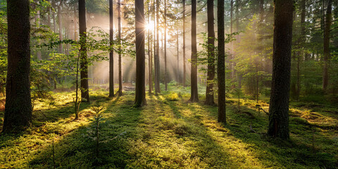 Obraz premium Beautiful Forest With Sunrays Passing Through Trees