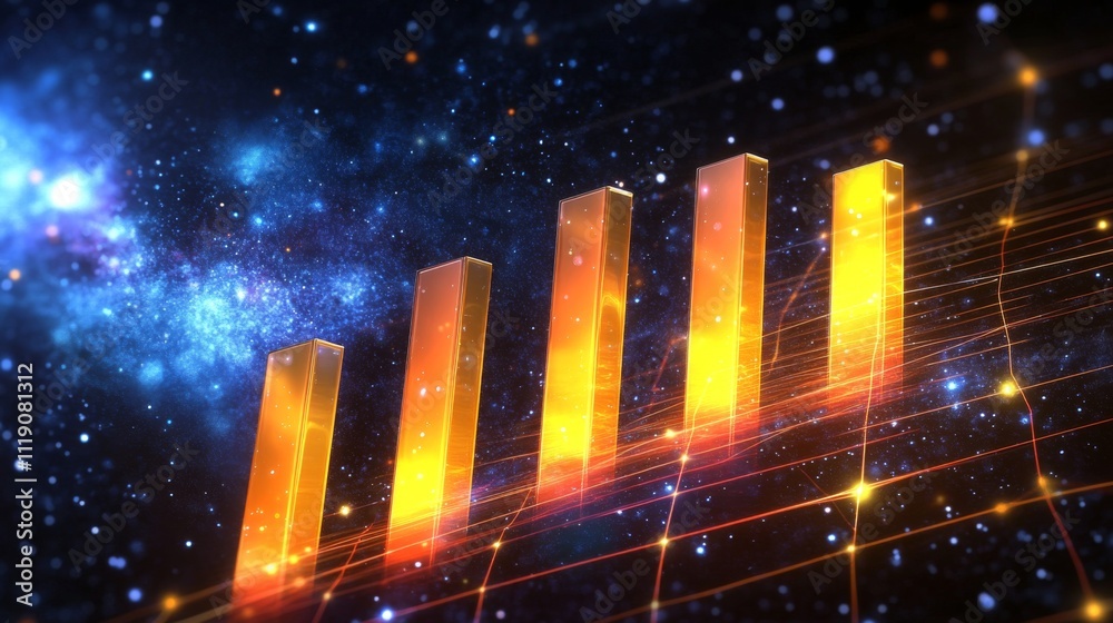 Poster rising data visualization with abstract golden bar graph in space