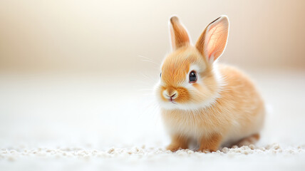 Adorable fluffy baby rabbit sitting on a soft white surface, with gentle light creating a heartwarming scene.