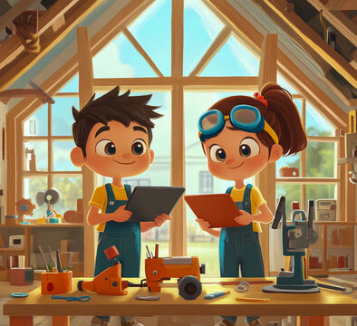 A boy and girl wearing goggles, holding an iPad in their hands, stand on a table with tools around them.