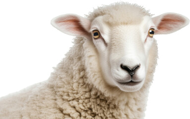 Fototapeta premium Close-up portrait of a sheep with white wool and curious expression, farm animal photography concept