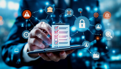 A hand holding a digital clipboard with checkmarks, encircled by data protection, financial, and...