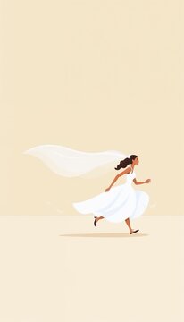 Runaway bride illustration: woman in white wedding dress and veil running away with determination