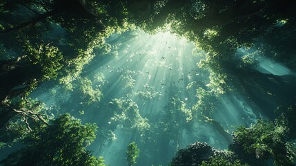 Obraz premium Sunbeams pierce dense forest canopy, illuminating birds in flight.