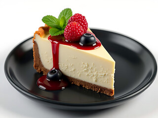 A Slice of a delicious chess cake with berry.