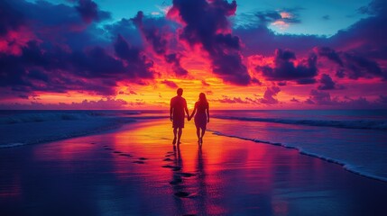 Fototapeta premium Silhouette Couple Walking Beach Vibrant Sunset