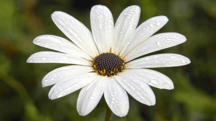 White Daisy Flower with Water Droplets on Petals in Nature
