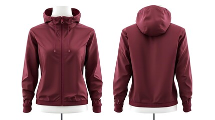 Maroon Womens Hooded Zip Up Jacket Front And Back