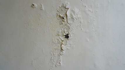 Old white peeled plaster wall. The texture of the wall paint is peeling due to dampness. House Renovation, Repair and Maintenance concept.