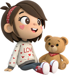 Cartoon kawaii girl with giant teddy bear for Valentine’s Day clipart.