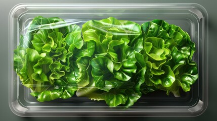 Fresh green lettuce heads in a clear plastic container, sealed with a transparent film.