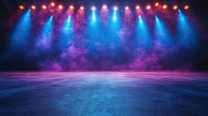 Colorful stage lighting with smoke on dark floor.