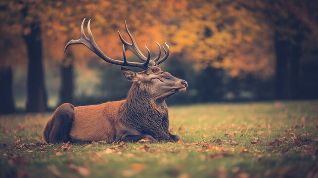 Gentle deer resting peacefully lush green grass tranquil park under shady trees soft sunlight embodying nature's serene beauty wildlife harmony closeup sleep relax bath fawn forest chill