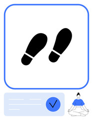 Footprint icons with a check mark and a meditating person. Ideal for mindfulness, daily planning, tracking habits, goal setting, wellness, personal growth, meditation. Line metaphor