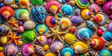 Vibrant Group of Colorful Seashells Captured with Drone Photography - Stunning Texture and Patterns of Beautiful Seashells by the Beach