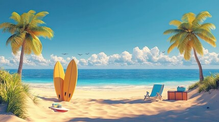 Vibrant Beach Scene with Surfboards Palm Tree Beach Chair and Sunlit Shadows