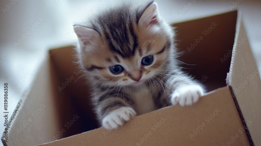 Poster cute kitten playing with cardboard box in bright indoor setting