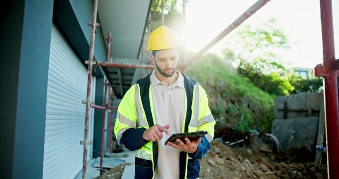 Construction, man and building inspection with tablet for progress report, safety management and quality control. Lens flare, supervisor and digital planning for risk assessment and site maintenance