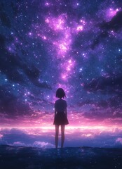 Fototapeta premium Anime Girl Gazing at a Vibrant Starry Night Sky