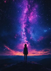 Fototapeta premium Woman Silhouetted Against Vibrant Night Sky Mountainscape