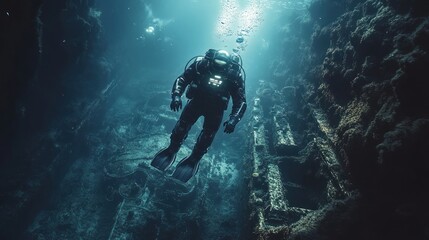 Underwater diver exploring a sunken shipwreck.