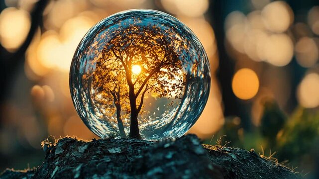 Crystal ball reflecting a tree at sunset, sits on a rock.