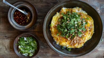 Savory Asian Omelette with Garnishes on Rustic Wooden Table