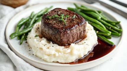 Tender Beef Steak Served on Creamy Mashed Potatoes and Green Beans