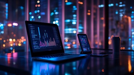 Fototapeta premium Illuminated laptop and tablet displaying financial charts, city lights visible through window.