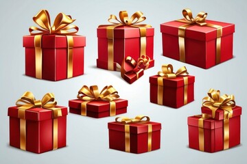 Obraz premium red gift box isolated with gold satin bow ribbon fly. festive holiday christmas,happy new years,mother day,wedding celebration,birth day shopping luxury present.