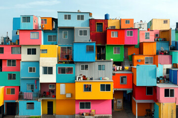Colorful stacked houses create a vibrant urban landscape.