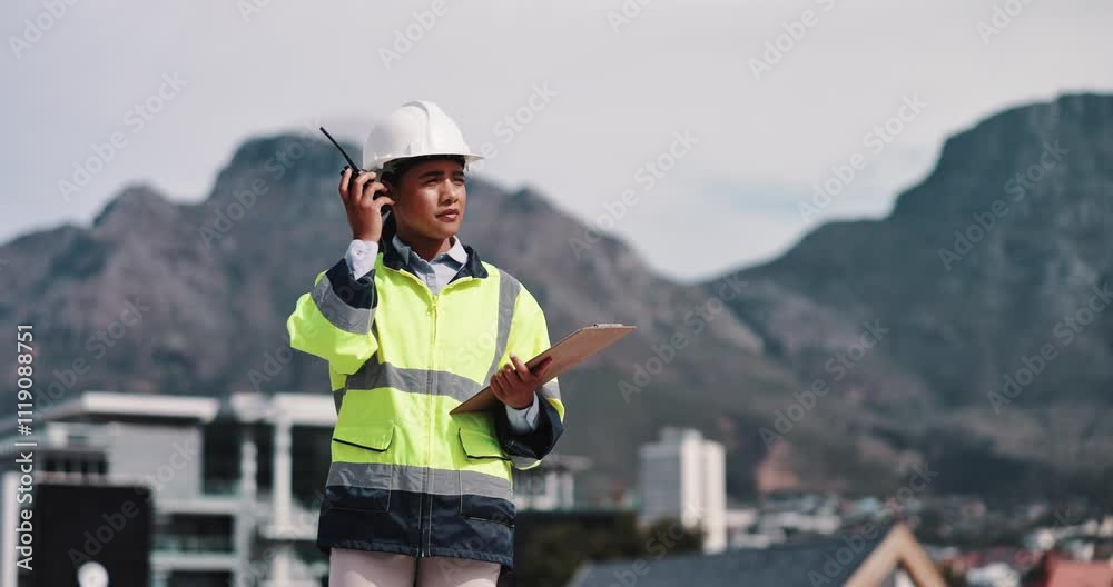 Poster contractor, radio and woman with clipboard, engineering and schedule for project. building developme