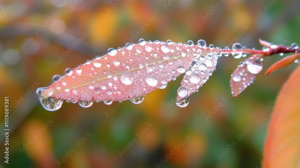Poster Close-Up of Raindrops on Colorful Autumn Leaf with Bokeh Background
