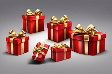 Obraz premium red gift box isolated with gold satin bow ribbon fly. festive holiday christmas,happy new years,mother day,wedding celebration,birth day shopping luxury present.