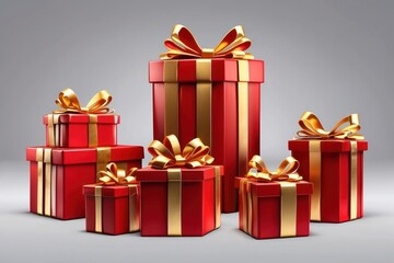 Fototapeta premium red gift box isolated with gold satin bow ribbon fly. festive holiday christmas,happy new years,mother day,wedding celebration,birth day shopping luxury present.