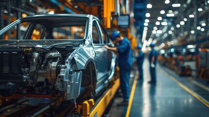 Naklejka premium Workers assemble a car on a factory line.