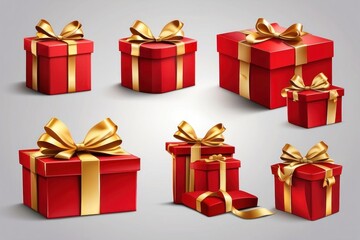 Obraz premium red gift box isolated with gold satin bow ribbon fly. festive holiday christmas,happy new years,mother day,wedding celebration,birth day shopping luxury present.