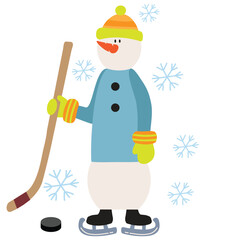 Snowman with stick and puck playing ice hockey  vector cartoon  illustration