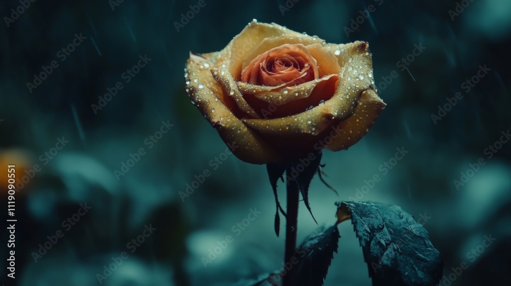 Poster close-up view of a single rose with raindrops in soft focus