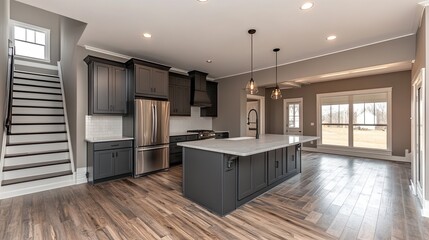 Modern Kitchen Island with Dark Cabinets and Hardwood Floors